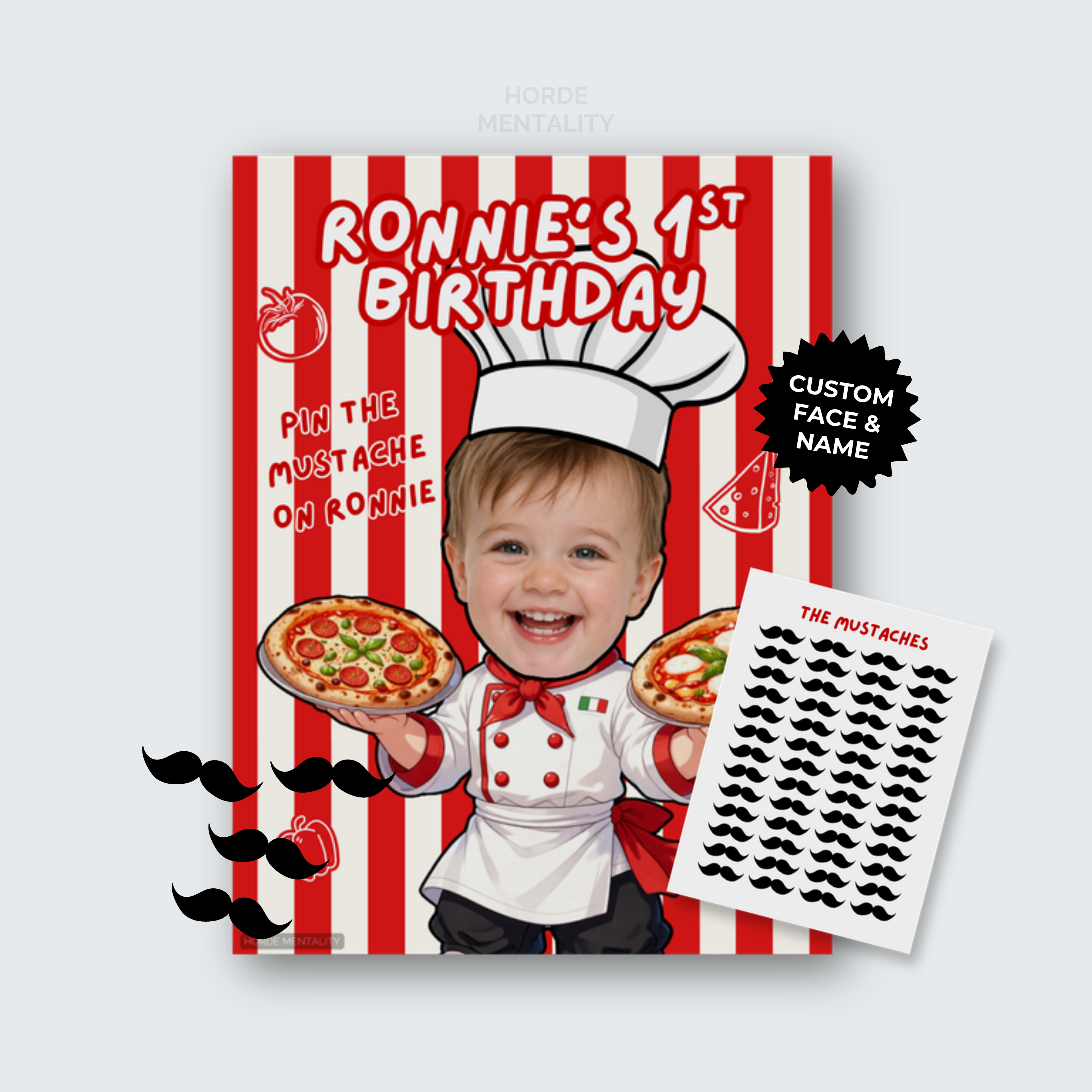 Pin the Mustache Pizza Theme Birthday Party Pin the Tail Game Poster Kids Italian Food