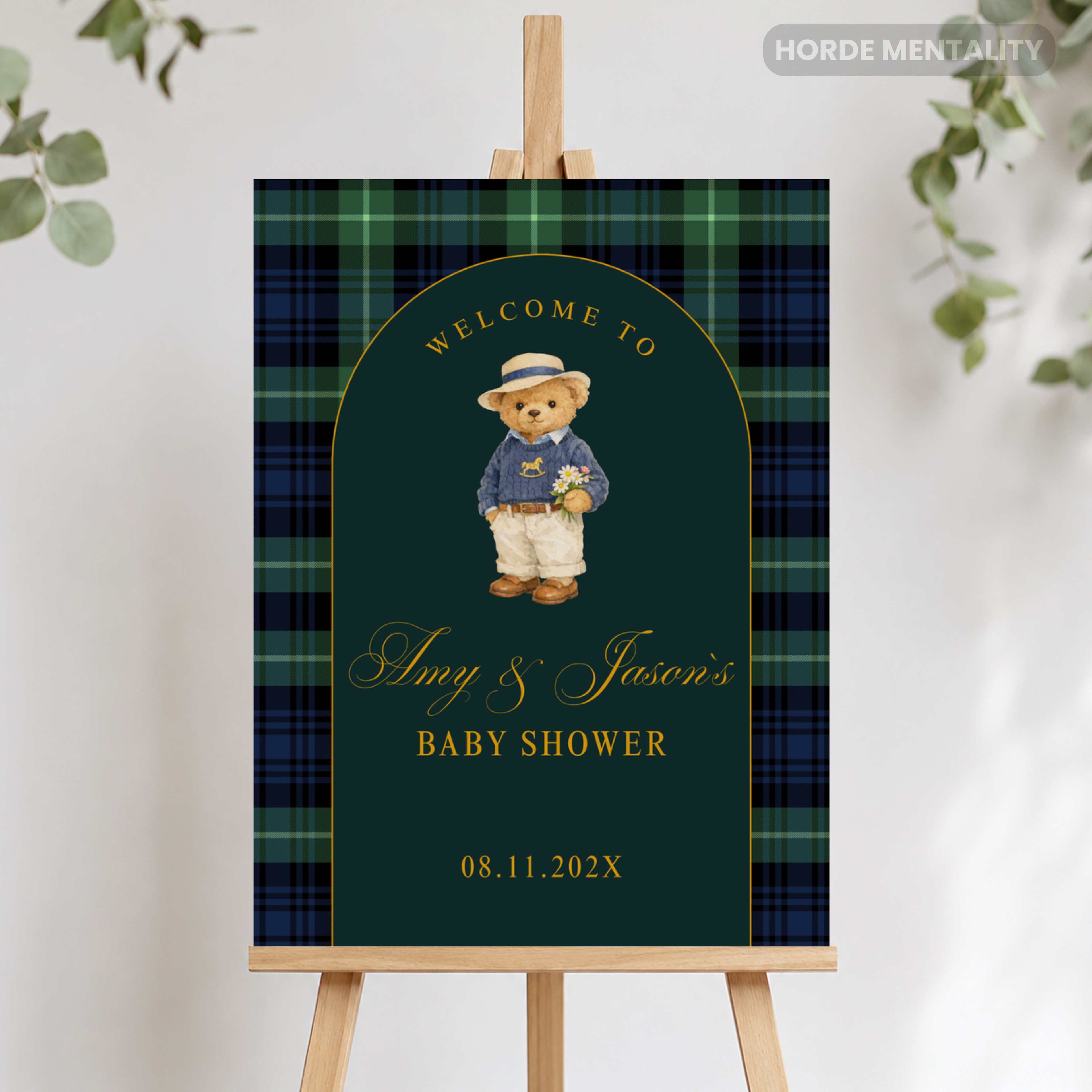 Preppy Teddy Bear Boy Baby Shower Welcome Sign Poster or Foam Board