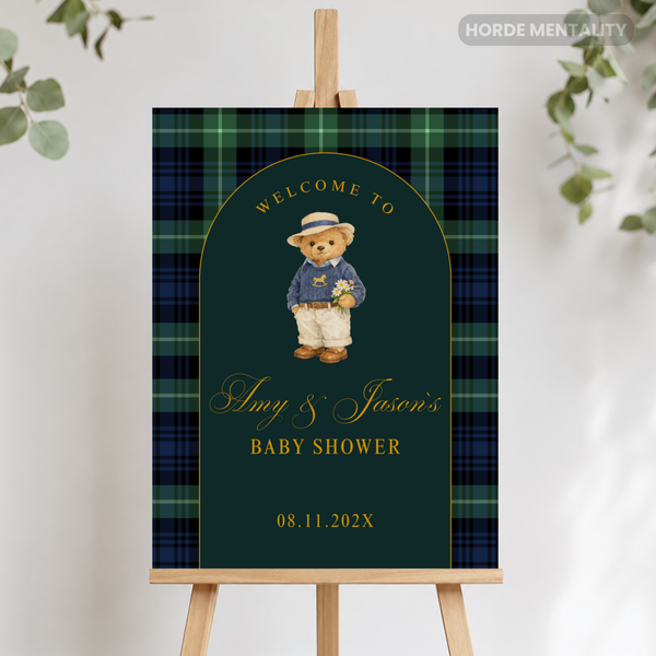 Preppy Teddy Bear Boy Baby Shower Welcome Sign Poster or Foam Board