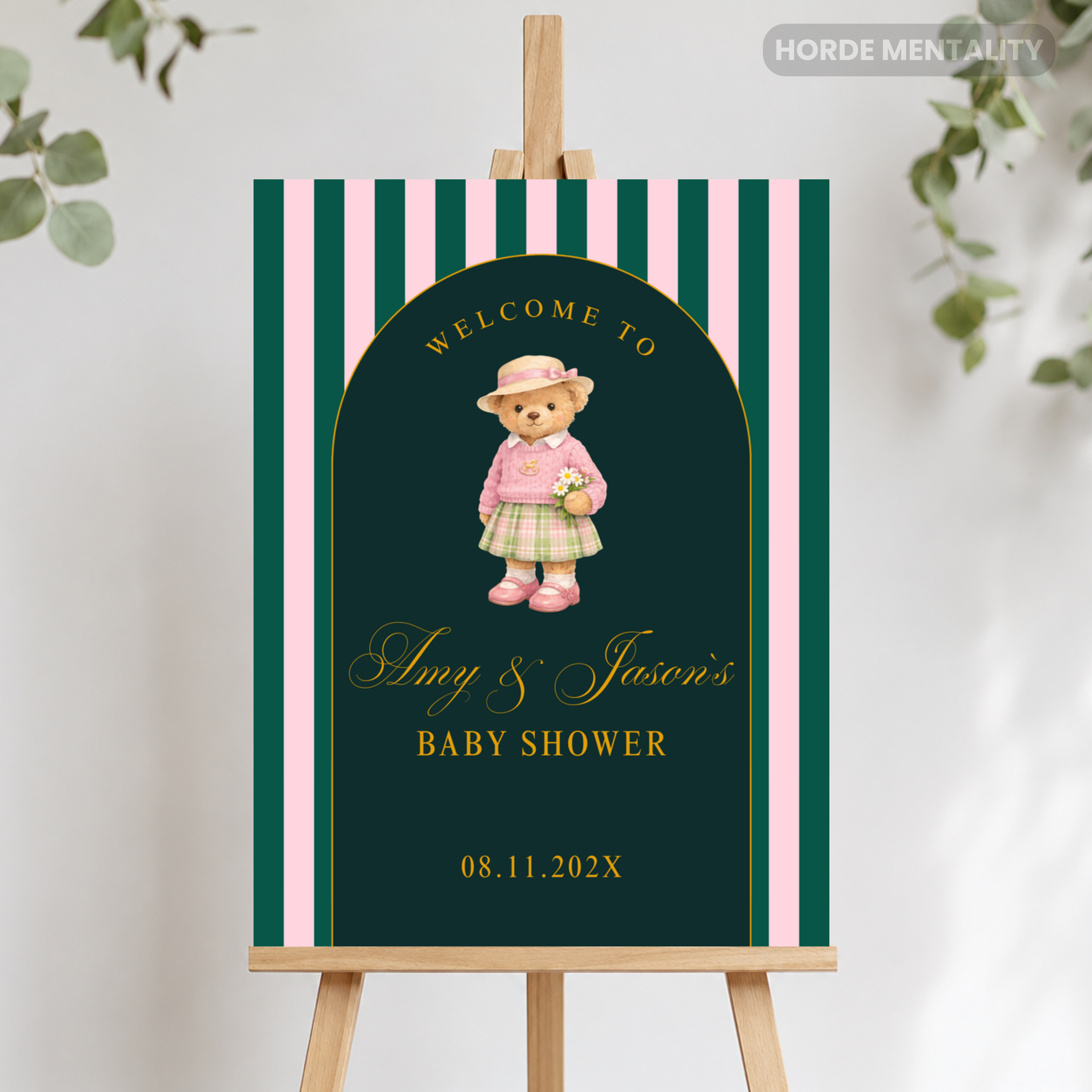 Preppy Teddy Bear Girl Baby Shower Welcome Sign Poster or Foam Board