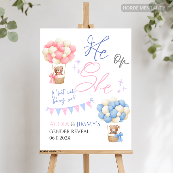 Teddy Bear Balloon Gender Reveal Welcome Sign Poster or Foam Board